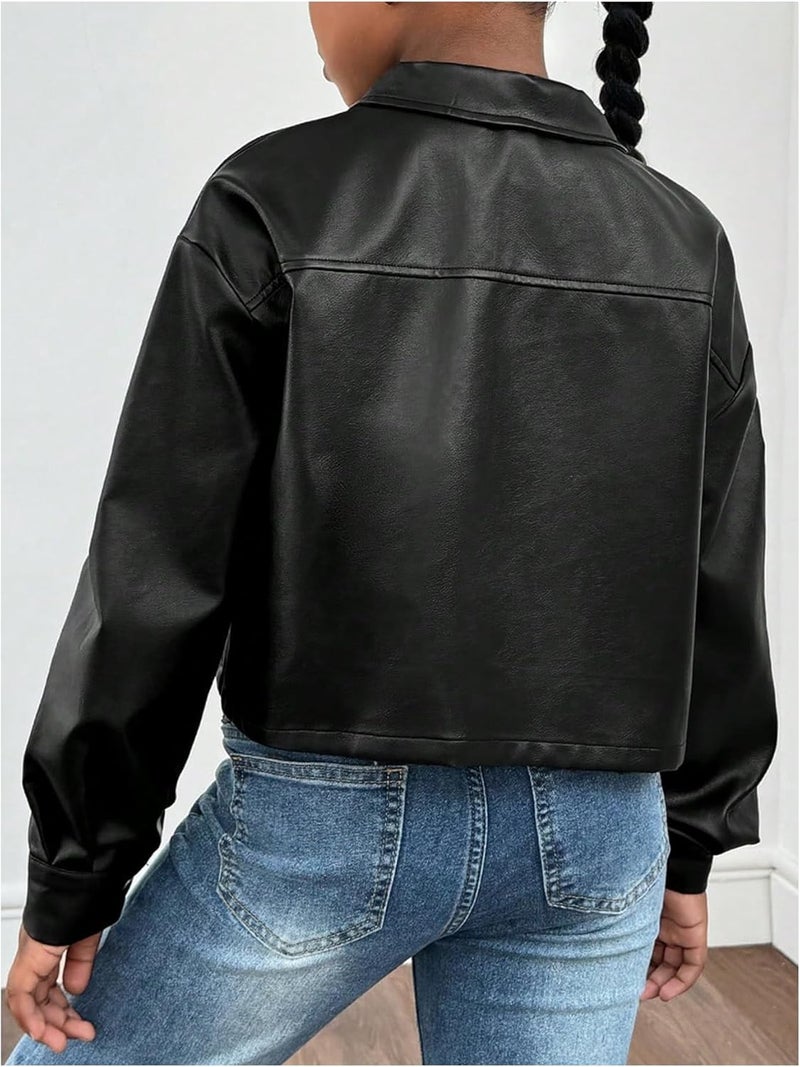 BEAUDRM Store Girl's PU Leather Cropped Jacket Button Down Long Sleeve Outerwear Streetwear - Image 2